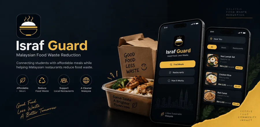 Israf Guard app screens showing nearby discounted meals from Malaysian restaurants